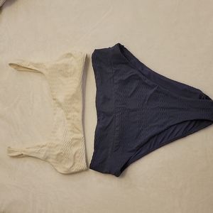 Aerie High Waisted Bikini Navy Bottoms/Off White Top Size Large